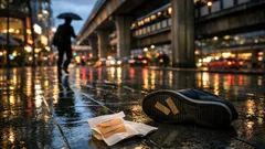 ทริคหน้าฝน แปะพลาสเตอร์ใต้รองเท้าให้กันลื่นชั่วคราวบนพื้นเปียก