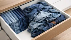 วิธีพับกางเกงยีนส์ให้ประหยัดพื้นที่ ลิ้นชักไม่ล้นและหยิบง่ายขึ้น