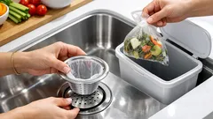 ลดคราบเมือกซิงก์ล้างจานด้วยทริกเปลี่ยนตะแกรงเป็นวงแหวนใส่ตาข่าย ทิ้งแทนขัด